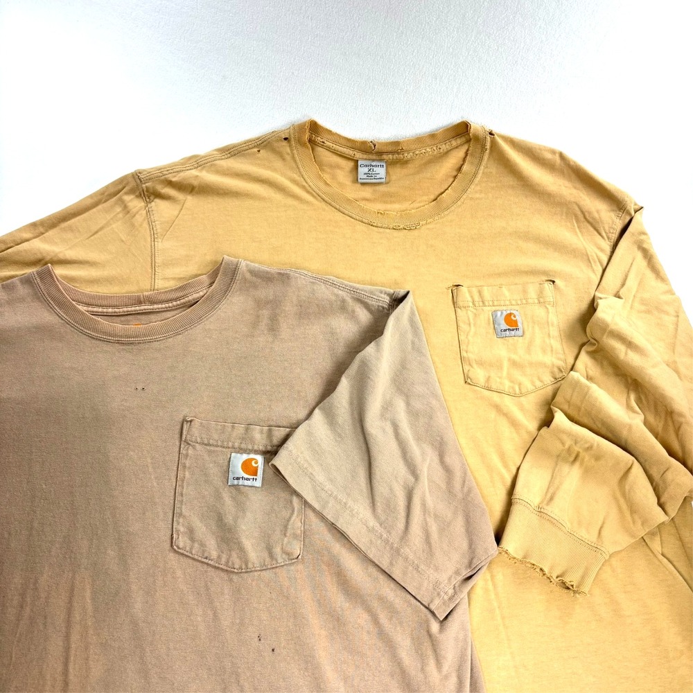 Vintage 90s Carhartt Thrashed Pocket Tee Shirts Sz XL Tan Mustard Heavy Distress